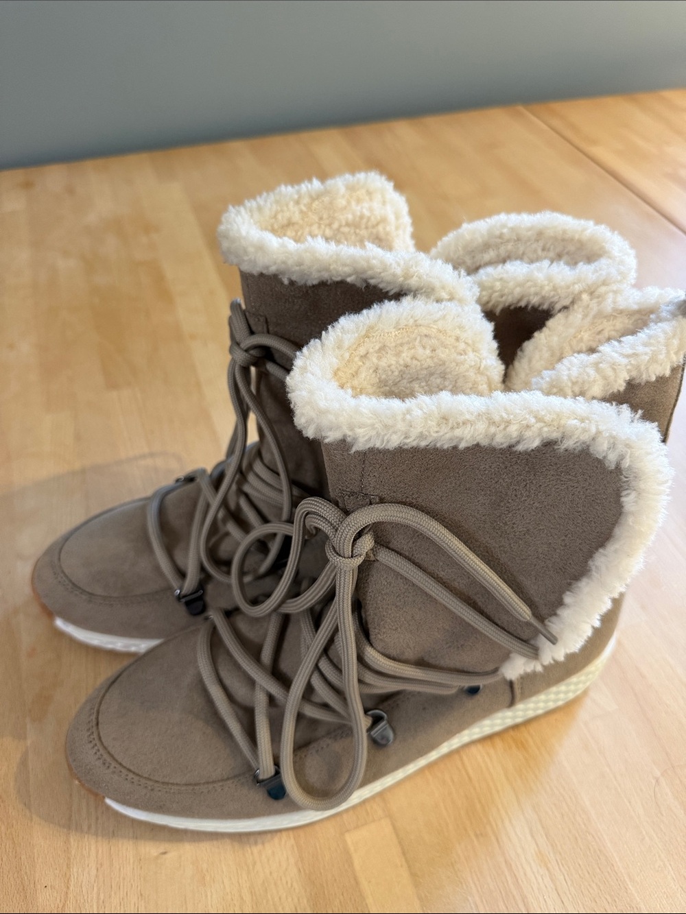 J Slides Taupe Lace-Up Faux-Suede Winter Boots with Cream Sherpa Trim